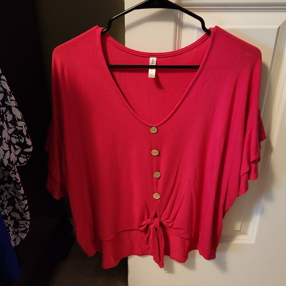 Emerald V-Neck Fuchsia Blouse with Button Detail